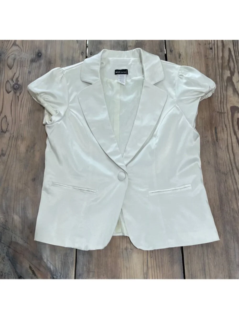 Wet Seal Short Sleeve Blazer Womens L Ivory Satin Single Button Cinched Y2K